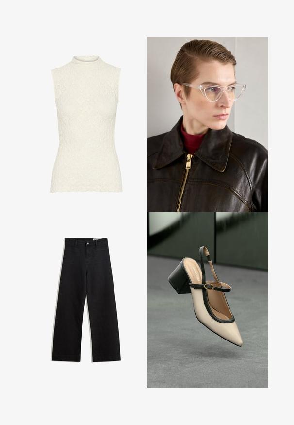 Top senza maniche in pizzo di colore avorio con collo alto. Presenta un motivo floreale testurizzato e orlo ondulato. Rifinitura liscia in tutto il capo.; Pantaloni in denim neri a gamba larga con vita alta, dotati di tasche anteriori e posteriori, cuciture a punto, e chiusura con bottone. Texture liscia.; Scarpa beige con punta a stivale, con rifiniture nere, fibbia dorata e tacco a blocco spesso su un pavimento grigio con sfondo verde scuro.; Occhiali cat-eye in acetato trasparente con lenti gialle, indossati da una persona con giacca di pelle nera e dolcevita rossa. Texture liscia.