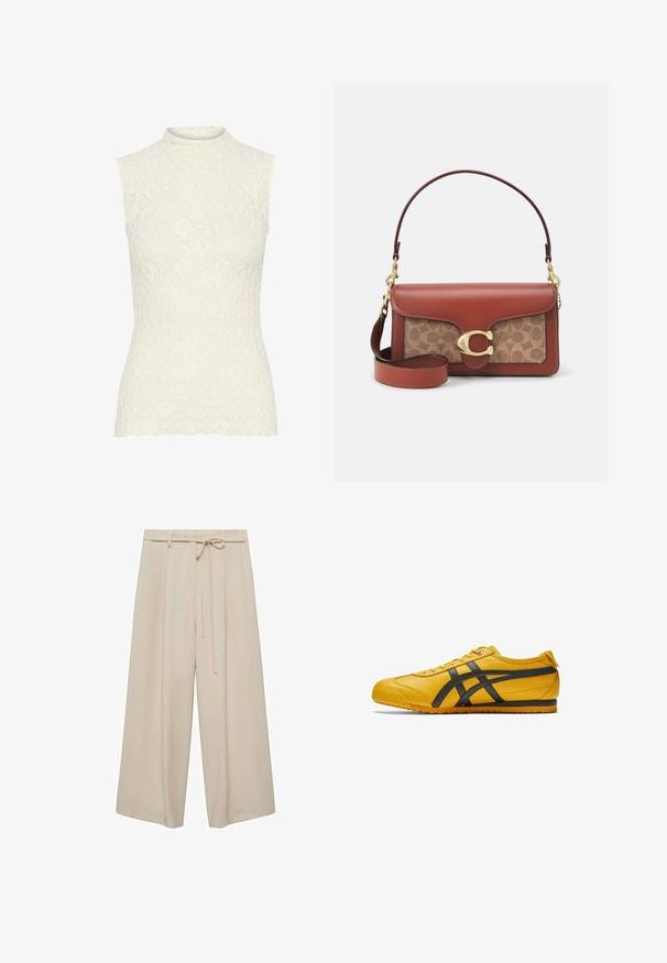 Ærmeløs top i off-white med høj hals og blonde. Har et tekstureret blomstermønster og bølget kant. Glat finish hele vejen igennem.; Beige vidde bukser lavet af et glat stof, med bånd i taljen, plisseringer og en løs pasform for komfort og bevægelsesfrihed.; Gul læder sportsko med sorte striber, rund tå og snørebåndsdesign. Har tekstureret gummisål og minimalistisk stil.; Lædertaske med brun finish, der har et mønstret panel i tan stof, guldlås og justerbar skulderrem.; Guldtonede metaløreringe formet som en blomst med teksturerede kronblade. Har en stift-lukning og en poleret, blank finish.