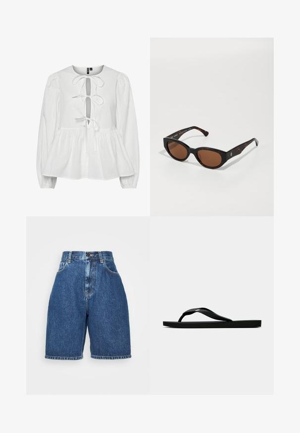 Hvit bluse med lange puffede ermer, rund hals og en nøkkelhullfront med knyting. Innslått midje med en utsvingt nederkant.; Dyre shorts med høy midje, i mørkeblå farge. Har klassisk fem-lommer stil, rett snitt, og brettet hem. Laget av bomull.; Svarte gummiflip-flopsandaler med en teksturert stropp og enkel flat såle, vist fra siden på en enkel lys bakgrunn.; Svart skjellmønstret solbriller med brune linser, kantete design og brede stenger med en subtil logo detalj. Glatt plastoverflate.