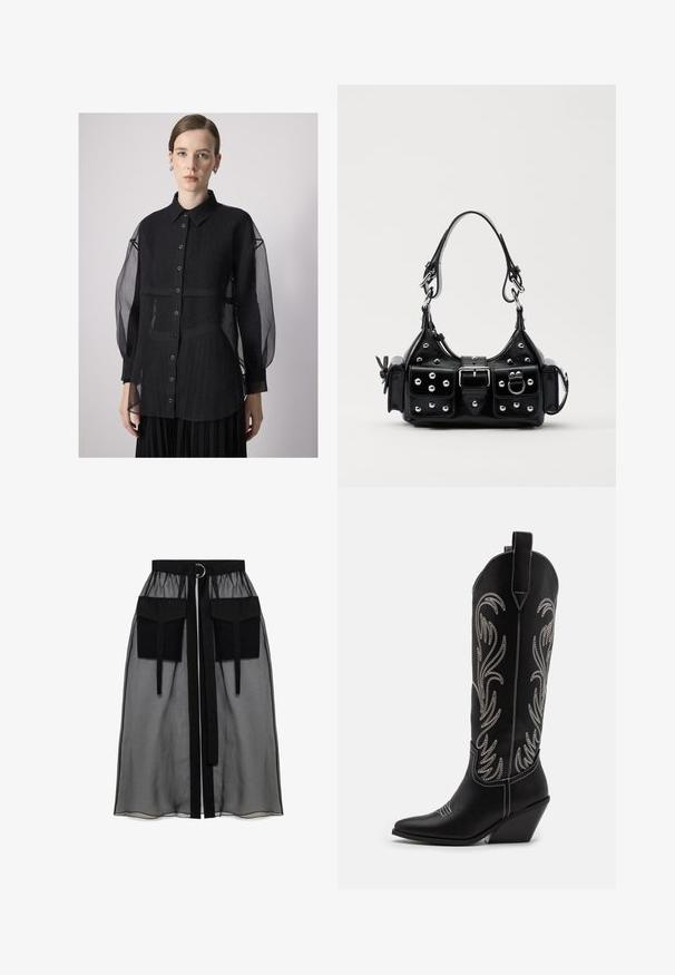Čierna košeľa na gombíky s priesvitnými, nadúvanými rukávmi a textúrovanou látkou. Obsahuje golier a predný gombíkový zapínací panel.; Čierna priesvitná sukňa s naťahovacím pásom, ktorá má dve veľké predné vrecká, opasok na viazanie a kruhový kovový akcent.; Čierne kožené kovbojské čižmy s špicatými prstami, klinovými podpätkami a striebornými vyšívanými kvetinovými vzormi po celej dĺžke. Kontrastné šitie po celom povrchu.; Čierna kožená kabelka s zakriveným dizajnom, doplnená striebornými cvočkami, prackou a dvoma bočnými vreckami. Nastaviteľný popruh poskytuje rôzne možnosti nosenia.