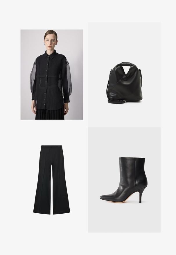 Black button-up shirt with sheer, puffed sleeves and a textured fabric. Features a collar and front button placket.; Black wide-leg pants with a smooth texture, featuring front pleats and a tailored design. The fabric is lightweight and flowy.; Black leather ankle boot with pointed toe, slim stiletto heel, and smooth texture. Minimalist design with no visible hardware or accents.; Black, soft leather bag with a unique twisted design. Features a short handle and a detachable shoulder strap. Minimalist style.