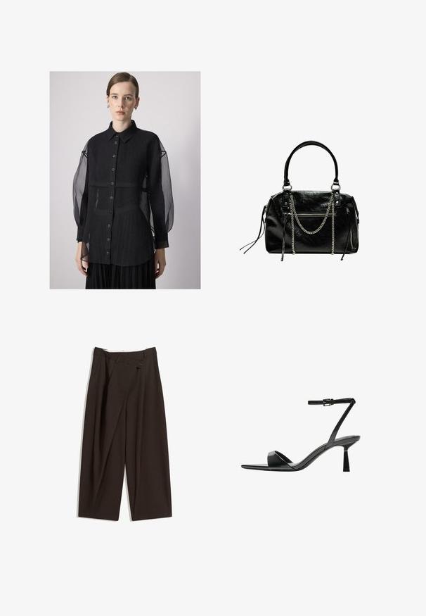 Camicetta nera con maniche a sbuffo trasparenti e tessuto testurizzato. Presenta un colletto e una fila di bottoni frontale.; Pantaloni a gamba larga marrone scuro con vita alta, dotati di una chiusura con bottone singolo e una parte anteriore plissettata. Realizzati in tessuto leggero.; Bershka Sandali con tacco - black; Bershka WITH CHAIN - Borsa a mano - black