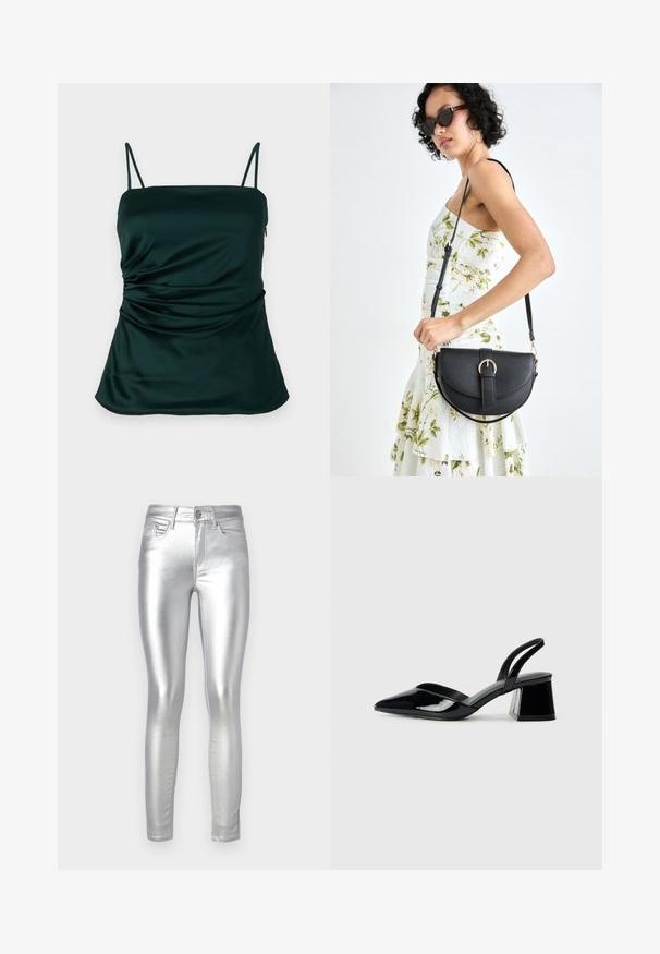 Tmavě zelený saténový top na tenkých ramínkách, s nařasenými detaily na boku a hladkou, jemnou texturou. Nastavitelný střih.; Stříbrné metalické skinny džíny s vysokým pasem, hladkým povrchem, předními kapsami a jedním knoflíkem na zapínání.; Černé lakované kožené lodičky na pásku s špičatou špičkou a geometrickým blokovým podpatkem. Vyznačují se elegantním, minimalistickým designem a hladkým povrchem.; Černá kožená kabelka s křivkovým tvarem, odnímatelným popruhem a zlatými detaily. Kabelka má klopu s přezkou.