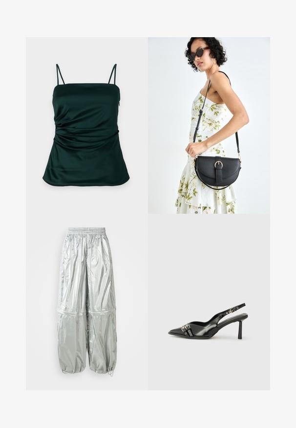 Sötétzöld selyem topp vékony pántokkal, oldalán ráncolt részletek, sima, puha textúrával. Állítható méretű kialakítás.; Ezüst, könnyű cargo nadrág fényes felülettel, rugalmas derékpánttal, ráncolt mandzsettával és két nagy elülső zsebbel.; Fekete lakk bőr, hegyes orrú slingback cipő, boka pántokkal, ezüst csatokkal és hardverelemekkel, valamint karcsú sarkú.; Fekete bőrtáska ívelt formával, levehető pánttal és arany színű fémrészekkel. A táskán egy csattal díszített fedél található.