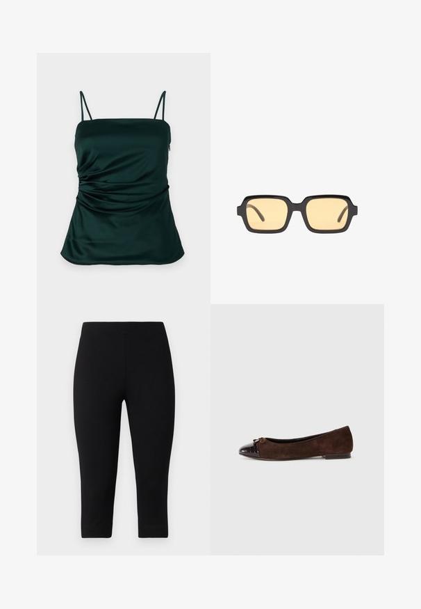 Tamnozelena satenasta majica bez rukava s tankim naramenicama, naglašenim naborima sa strane i glatkom, mekanom teksturom. Dizajn s prilagodljivim fitom.; Crnecapri tajice od rastezljivog materijala, koje su uskog kroja i glatke teksture, bez istaknutih uzoraka ili detalja.; Smešane smeđe baletanke od antilopa s sjajnom tamnosmeđom lakiranom kapicom za prste i malim mašnom na prednjoj strani. Ravna peta.; Crne pravokutne sunčane naočale sa žutim lećama, lagani okvir i istaknuti tupi rubovi na sljepoočnicama. Glatka, sjajna završna obrada.; Smeđa zamšasta torba s dvjema mekanim ručkama, vertikalnim remenom s srebrnim naglaskom i širokim otvorenim vrhom. Glatka tekstura, minimalistički dizajn.