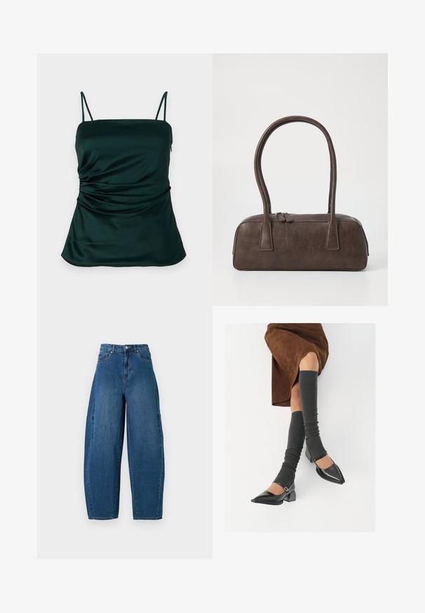 Camisola satinată de culoare verde închis, cu bretele subțiri, detalii pliate pe lateral și o textură netedă, moale. Design cu ajustare a dimensiunii.; Jeans din denim cu o nuanță medie de albastru, având talie înaltă, tăietură cu picioare largi și un design standard cu cinci buzunare, cu detalii de cusătură vizibile.; Pantofi negri din piele lacuită, cu vârful ascuțit, toc bloc și curea la glezna, asortați cu jambiere gri cu nervuri și o fustă din suede maro.; Geantă de mână din piele maro, cu două mânere rezistente, formă rectangulară, textură netedă și închidere cu fermoar. Design minimalist, fără modele vizibile.