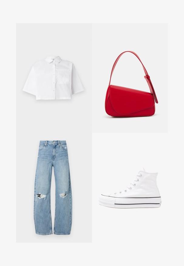 White cropped shirt made of cotton, featuring a button-up front, a classic collar, and a single chest pocket with short sleeves.; Light blue, high-waisted jeans made of denim. Feature wide legs, two torn knee areas, and classic five-pocket styling.; White high-top canvas sneaker with black rubber sole, front rubber toe cap, and six eyelets for laces, featuring a clean, minimalist design.; Red leather handbag with an angular, geometric design. Features a single adjustable strap and a flap closure with stitched detailing.