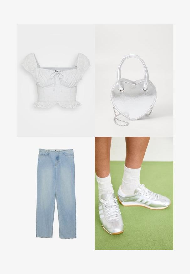 Biely skrátený top s nafúknutými rukávmi, zdobený kvetinovou výšivkou, so zberaným výstrihom na šnúrku a vlnitým lemom.; Svetlomodré denimové džínsy s rovnými nohavicami, vysokým pásom, piatimi vreckami a detailmi roztřepeného lemu.; Strieborné atletické tenisky s bielymi šnúrkami, tromi bielymi pruhmi a gumovou podrážkou. Nosené s bielymi rebrovanými ponožkami na zelenej ploche.; Strieborná metalická kabelka v tvare srdca s dvojitými uchami, reťazovým popruhom a hladkým povrchom. Má kovové hardvérové prvky a prešívané okraje.