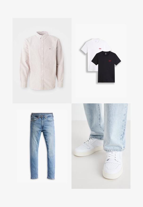 Koszula z długim rękawem w kolorze białym z cienkimi czerwonymi paskami, z kołnierzykiem zapinanym na guziki, z guziczkami z przodu oraz małym haftowanym logo na lewej piersi.; Dwie koszulki z krótkim rękawem: jedna biała, a druga czarna. Obie wykonane z bawełny z czerwonym logo Levi's na piersi. Prosty design z okrągłym dekoltem.; Jasnoniebieskie dżinsy o prostym kroju, pięć kieszeni, zapięcie na guzik i delikatne przetarcia na materiale.; Białe skórzane sneakersy niskie z perforowanym noskiem, płaskimi sznurowadłami i minimalistycznym designem. Połączone z jasnoniebieskimi dżinsami.