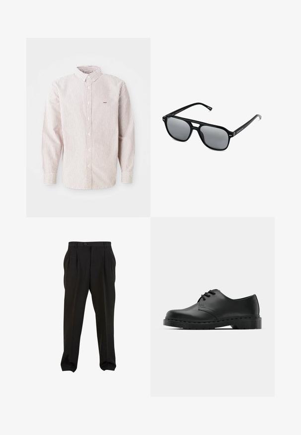 Pitkähihaisen valkoisen paidan, jossa on ohuita punaisia raidoja, napillinen kaulus, etunapit ja pieni brodeerattu logo vasemmassa rintamuksessa.; Mustat housut sileällä kankaalla, etupuolelta laskostetut, napilla varustettu vyötärö ja kapenevat nilkkaleikat. Klassinen hyvin istuva siluetti.; Musta nahkainen oxford-kengät, joissa on nauhakiinnitys, pyöreä kärki, litteä kumipohja ja hillitty ompelutaito yläosassa.; Mustat aurinkolasit suorakulmaisilla kehyksillä, harmaasävyisillä linsseillä ja siltaleikkauksella. Tyylikäs, kiiltävä muovimateriaali, kapeilla temppeleillä.