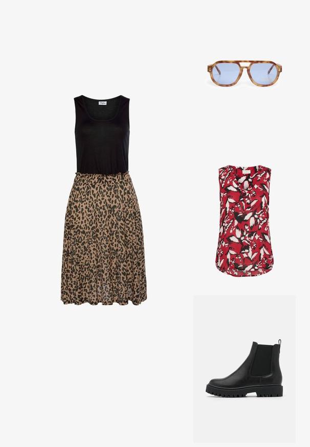 Rød ærmeløs bluse med blomstermønster i sort og hvid, der har V-hals og en let buet kant for en afslappet pasform.; Sort ærmeløs top med leopardmønster, blød brun nederdel. Nederdelen har en samlet elastisk talje og en flydende stofstruktur.; Sorte læder Chelsea-støvler med elastiske sidestykker, en påtrækningssløjfe og en solid, tyk sål med dybe riller for bedre greb.; Skildpadde-solbriller med blå linser, vinkelret design, tykk ramme og næsebryggeudskæring; har guldaccent på stængerne.; Beige crossbody taske lavet af blødt stof, med en buet form, justerbar rem og et diskret logo på fronten.