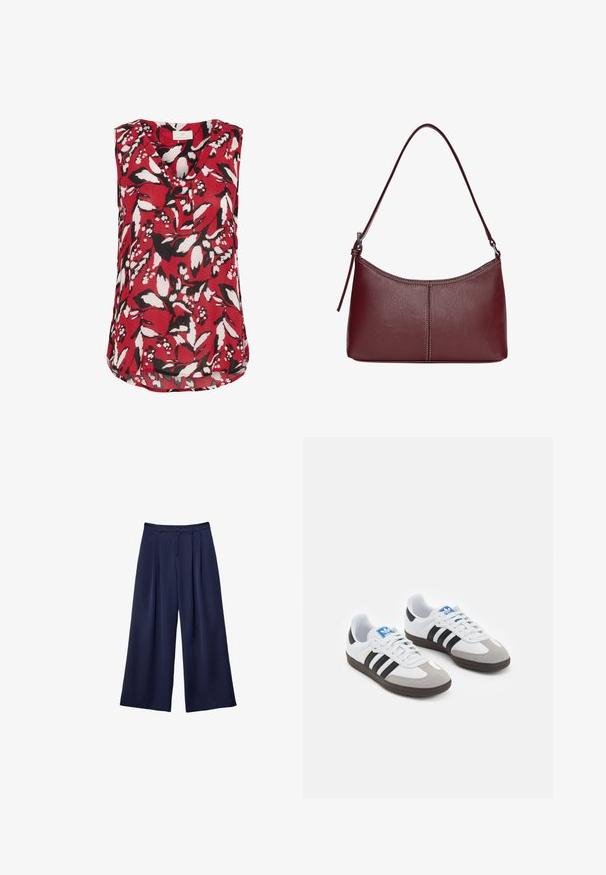 Red sleeveless blouse with a floral pattern in black and white, featuring a V-neck and a slightly curved hem for a relaxed fit.; Navy blue wide-leg trousers with pleats, buttoned waistband, and belt loops, shown flat on a white background.; Sport shoes with a white leather upper, gray suede toe, and three black stripes. Features a blue logo on the tongue and a textured rubber sole.; Maroon leather handbag with a curved shape, a single shoulder strap, and stitched detailing at the center. Smooth texture, minimal hardware.