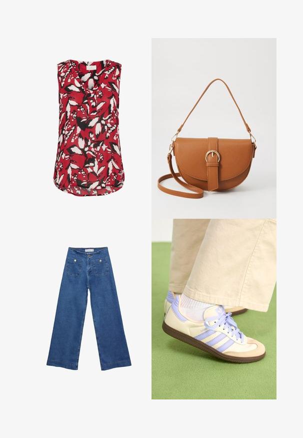 Crvena majica bez rukava s cvjetnim uzorkom u crnoj i bijeloj boji, s V-izrezom i blago zakrivljenim rubom za opušteni kroj.; Denim široke hlače s medijskom plavom pranju, dva prednja džepa s dugmadi, i šivana dekoracija duž rubova.; Kremasto-ljubičaste tenisice s tri pruge i strukturiranim smeškim potplatom, s vezicama i podstavljenim petom. Mekana gornja tkanina.; Smeđa kožna torba preko tijela s zakrivljenim oblikom, zlatnim metalnim detaljima i naglaskom na kopču. Ima odvojivu naramenicu.