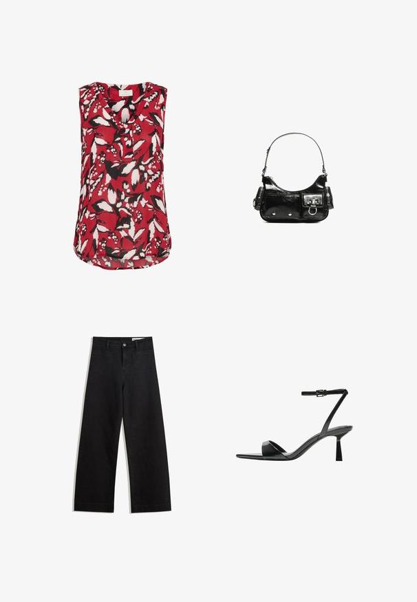 Röd ärmlös blus med ett blommönster i svart och vitt, med V-hals och en lätt rundad nederkant för en avslappnad passform.; Svarta vida denimbyxor med hög midja, med fram- och bakfickor, sydda sömmar och knappstängning. Slät textur.; Bershka Sandaletter - black; Svart lackläderhandväska med en rundad form, en axelrem, framfickor och detaljer i silverfärg.