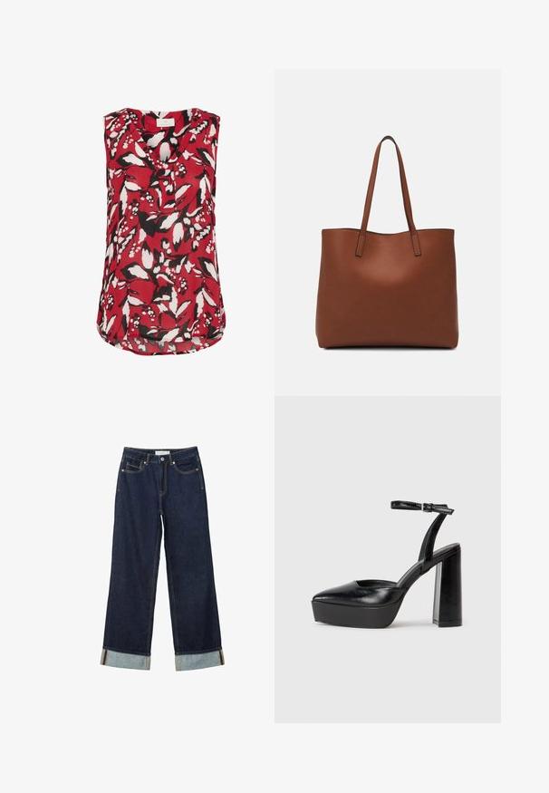 Červená bezrukávová blůza s květinovým vzorem v černé a bílé, s výstřihem do V a mírně zakřiveným lemem pro pohodlný střih.; Tmavě modré kalhoty s širokými nohavicemi a vysokým pasem, s ohrnutými manžetami, kontrastním prošíváním a pěti kapsami. Vyrobené z denimové tkaniny.; Černé platformové podpatky s špičatou špičkou a nastavitelným kotníkovým popruhem. Vyrobeny z hladké kůže, s masivním blokovým podpatkem.; Hnědá kožená taška přes rameno s hladkou texturou, otevřeným designem a dvěma ramenními popruhy. Obsahuje minimální švy a žádné viditelné kovové prvky.