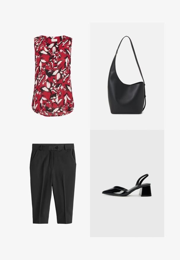 Red sleeveless blouse with a floral pattern in black and white, featuring a V-neck and a slightly curved hem for a relaxed fit.; Black tailored trousers with front pleats, a button closure, and side pockets. Smooth fabric with cropped length and a streamlined silhouette.; Black patent leather slingback heels with a pointed toe and a geometric block heel. Features a sleek, minimal design and smooth texture.; Black leather hobo bag with a smooth texture, curved shape, and single adjustable strap; features a wide opening at the top.