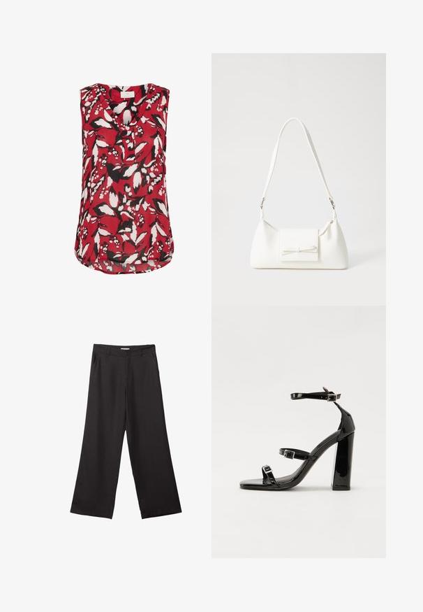 Rød ærmeløs bluse med blomstermønster i sort og hvid, der har V-hals og en let buet kant for en afslappet pasform.; Sorte bukser med vidde, lavet af glat stof, med en frontlynlås og to sidelommer, i en skræddersyet pasform og minimalistisk design.; Sorte patenterede hælsandaler med firkantet tå, ankelremme og sølvspænder. Har en chunky blokHæl for stabilitet.; Hvid syntetisk håndtaske med en trekantet form, flad forsideklap og sløjfedetalje, justerbar strop, glat tekstur og minimalistisk design.
