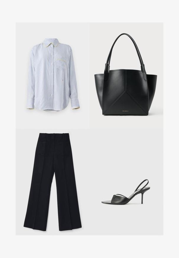 Blue and white striped long-sleeve shirt with a yellow collar accent, single chest pocket, and button-down front. Cotton fabric.; Black wide-leg trousers made of a smooth fabric, featuring a high waist, two back pockets, and subtle front pleats for added shape.; Black leather slingback heels with a pointed toe, thin ankle strap, and stiletto heel. Features a knotted detail on the vamp.; Black leather tote bag with a geometric design, featuring two handles and gold branding on the front. Smooth texture and structured shape.