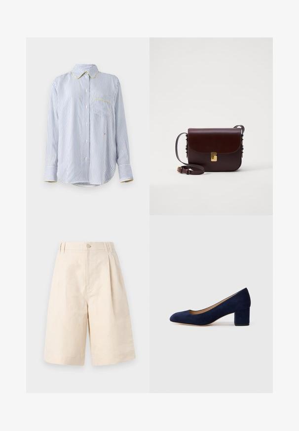 Blå och vit randig långärmad skjorta med en gul krage, en bröstficka och knäppning fram. Tillverkad av bomull.; Beige linnebyxor med avslappnad passform, utrustade med knappstängning, plisserad design och knälång längd. Slät textur och enkel stil.; Mörkblå mockapumps med spetsig tå och medelhög blockklack. Slät textur med en subtil glans och en liten utskärning framtill.; Brun läderväska med lockstängning, guldfärgade detaljer och en justerbar rem. Har en slät yta och en elegant rektangulär form.