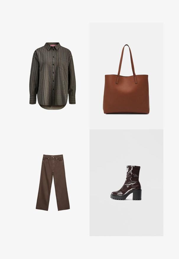 Langärmliges Hemd mit Knopfverschluss im schwarz-beigen karrierten Muster, einer Brusttasche, Kragen und abgerundetem Saum.; Weite braune Jeans aus Denim, mit hoher Taille, Fronttaschen und klassischem Knopfverschluss. Glatte Textur mit feinen Nähten.; Glatte bordeauxrote Ankle Boots mit einem klobigen schwarzen Absatz, die eine glatte Oberfläche und ein einfaches Design aufweisen. Keine sichtbaren Verschlüsse oder Muster.; Braune Leder-Tote mit glatter Textur, offenem Oberteil und zwei Schulterriemen. Verfügt über minimale Nähte und keine sichtbaren Beschläge.