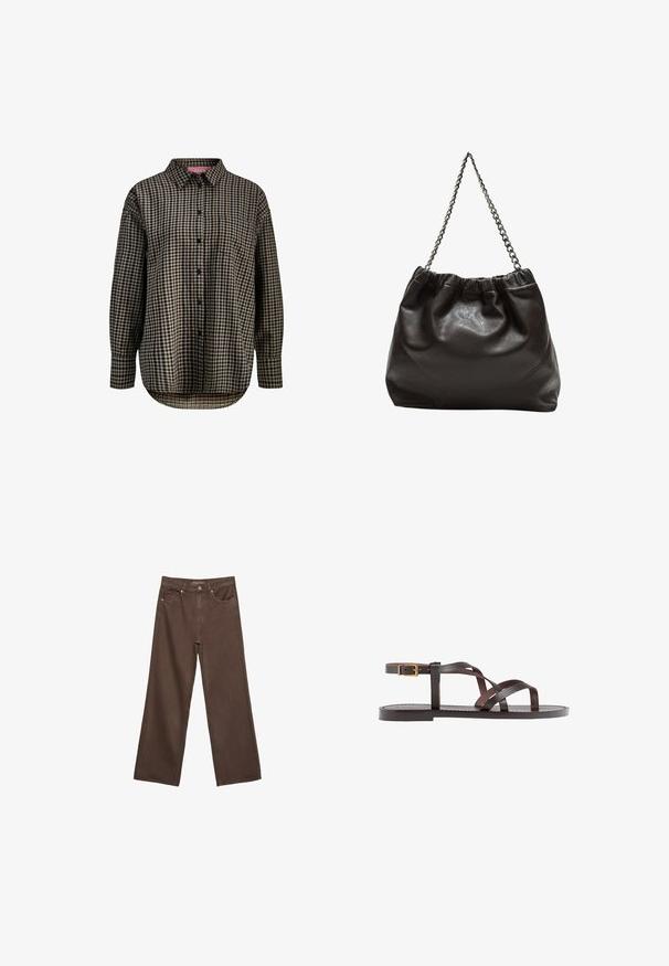Košulja dugih rukava sa crno-bež kariranim uzorkom i jednom džepom na prsima, ovratnikom i zakrivljenim rubom.; Proširene smeđe traperice od denima, s visokim strukom, prednjim džepovima i klasičnom kopčom na dugme. Glatka tekstura s suptilnim šavovima.; Smeđe kožne sandale s iskrižanim trakama, umetkom za zapešće s kopčanjem i ravnim potplatom s minimalnim detaljima šivanja.; Smeđa kožna torba s naboranim vrhom i lančićem za nošenje. Glatka tekstura s sjajnim završetkom i suptilnim šavnim detaljima sa strane.