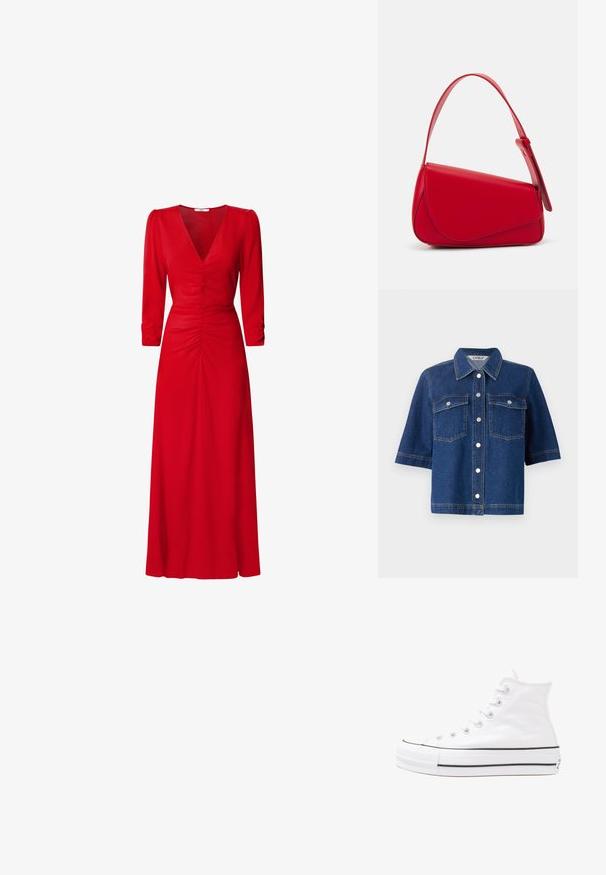 Temno modra denim jakna s kratkimi rokavi, dvema žepoma na prsih, srebrnimi pritisnimi gumbi in ovratnikom.; Rdeča obleka z V-izrezom, rukavi do tri četrtine in nabranimi detajli v pasu in na hrbtu. Tkanina se zdi gladka in lahka.; Beli visoki platneni športni čevelj z črnim gumijastim podplatom, sprednjim gumijastim zaščitnikom za prste in šestimi luknjicami za vezalke, ki se ponaša s preprostim, minimalističnim dizajnom.; Rdeča usnjena torba z angularnim, geometrijskim dizajnom. Ima en samostoječ nastavljiv ročaj in pokrov, zaprt z zapiranjem, ki je okrašen s šivi.