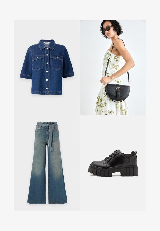 Dark blue denim jacket with short sleeves, two chest pockets, silver snap buttons, and a collared neckline.; Wide-leg denim trousers featuring a light to dark blue gradient, high waist, belt loops, and a matching fabric belt. Textured denim finish.; Black leather platform shoes with a chunky block heel, round toe, and traditional lace-up design. Features smooth texture and minimal detailing.; Black leather handbag with a curved shape, detachable strap, and gold hardware. The bag features a flap with a buckle detail.