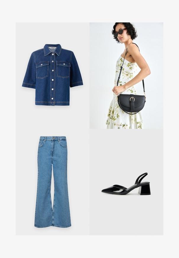 Tumši zilas denima jaka ar īsām piedurknēm, divām krūšu kabatām, sudraba aizdares pogām un apkakles apkakli.; Gaiši zili, platā piegriezuma džinsi, kas izgatavoti no denima, ar augstu jostasvietu, piecām kabatām un vienu pogu. Mīksta tekstūra ar nolietotu apdari.; Melna lakota āda ar atvērto papēdi, ar smailu purngalu un ģeometrisku blokpapēdi. Iezīmējas elegants, minimāls dizains un gluda tekstūra.; Melnas ādas rokassoma ar izliekta formu, noņemamu siksnu un zelta aksesuāriem. Somai ir vāciņš ar sprādzes detaļu.