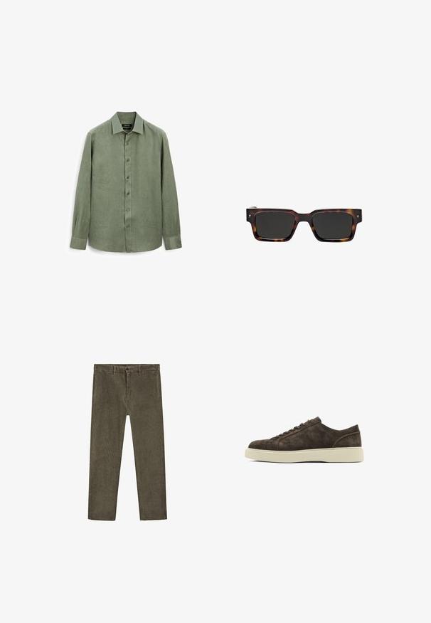 Jasnozielona koszula z długim rękawem, wykonana z teksturowanej tkaniny, z charakterystycznym kołnierzykiem i pełnym zapięciem na guziki z sześcioma dopasowanymi guzikami.; Oliwkowe spodnie sztruksowe o prostym fasonie, z zapięciem na guzik i pętelkami na pasek. Tkanina ma prążkowaną strukturę z subtelnymi pionowymi liniami.; Brązowe zamszowe trampki o gładkiej fakturze, zaokrąglonym nosku, płaskiej gumowej podeszwie i prostym laced-up designie. Dyskretne przeszycia po bokach.; Massimo Dutti - Okulary przeciwsłoneczne