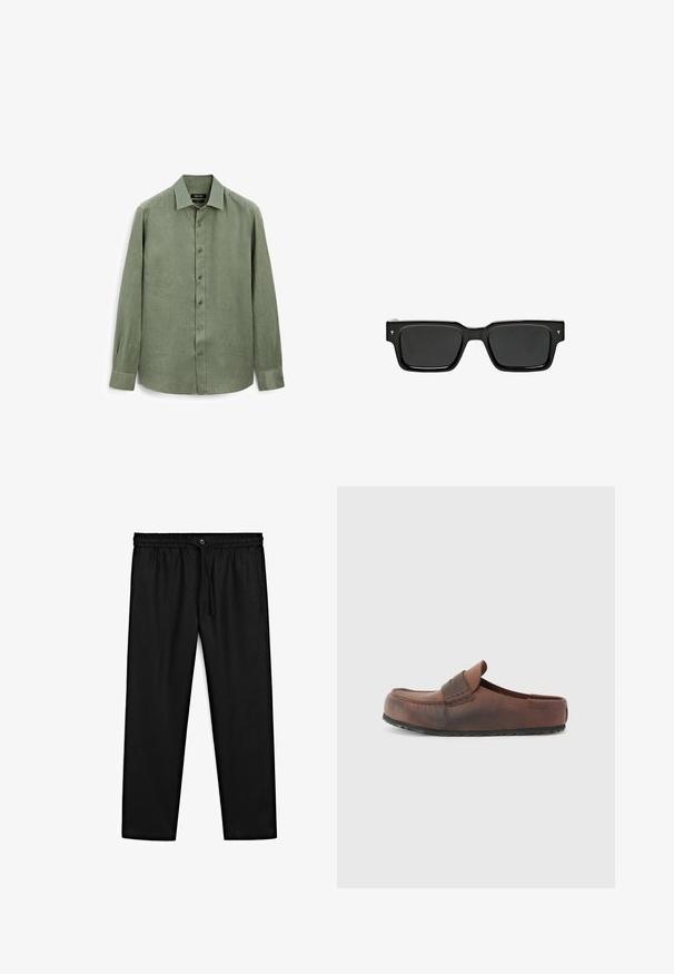 Camicia a maniche lunghe verde chiaro realizzata in tessuto testurizzato, con colletto a punta e una chiusura a bottoni completa con sei bottoni abbinati.; Pantaloni neri realizzati in tessuto leggero. Presentano una vita elastica con cordino e chiusura a bottone. Design a gamba dritta, senza motivi.; Scarpa in pelle marrone con punta arrotondata, cuciture decorative e suola in gomma testurizzata. Design semplice e accenti minimi.; Occhiali da sole rettangolari neri con lenti scure, montatura in plastica lucida e piccoli dettagli firmati sulle tempie. Profilo piatto e angoli netti.