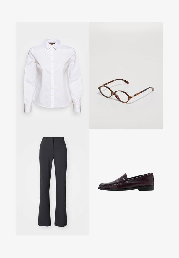 Hvid langærmet skjorte med krave, frontknaplukning og slim fit design. Materialet virker glat og let.; Weekday SUITING - Bukser - dark grey; Mænds mørkebrune læder penny loafers med sort sål og syning langs tåen, vist i sideprofil.; Skildpaddebriller med ovale stel, klare linser og guld accenter. Har buede stænger og en glat, blank finish.; Brun lædertaske med to lange håndtag, en struktureret rektangulær form, glat tekstur og afrundede kanter. Har accentdetaljer ved håndtagene.