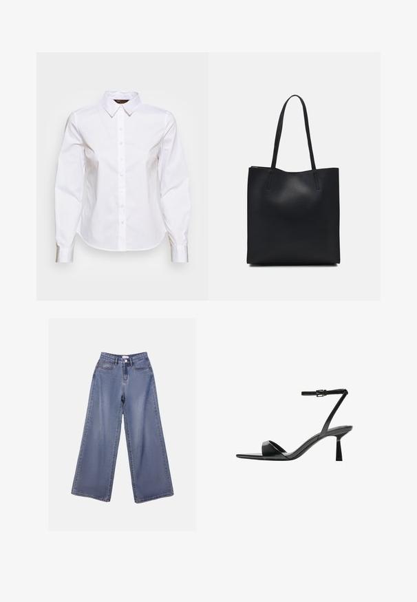Weißes Langarmhemd mit Kragen, durchgehender Knopfleiste und schmaler Passform. Das Material wirkt glatt und leicht.; Weite Denim-Jeans in einer hellblauen Wäsche, mit hoher Taille, Fronttaschen und einem Knopfverschluss mit Gürtelschlaufen.; Bershka High Heel Sandalette - black; Schwarze Laptoptasche aus Leder mit glatter Textur, rechteckiger Form und zwei langen Griffen. Keine sichtbaren Beschläge oder Verzierungen.