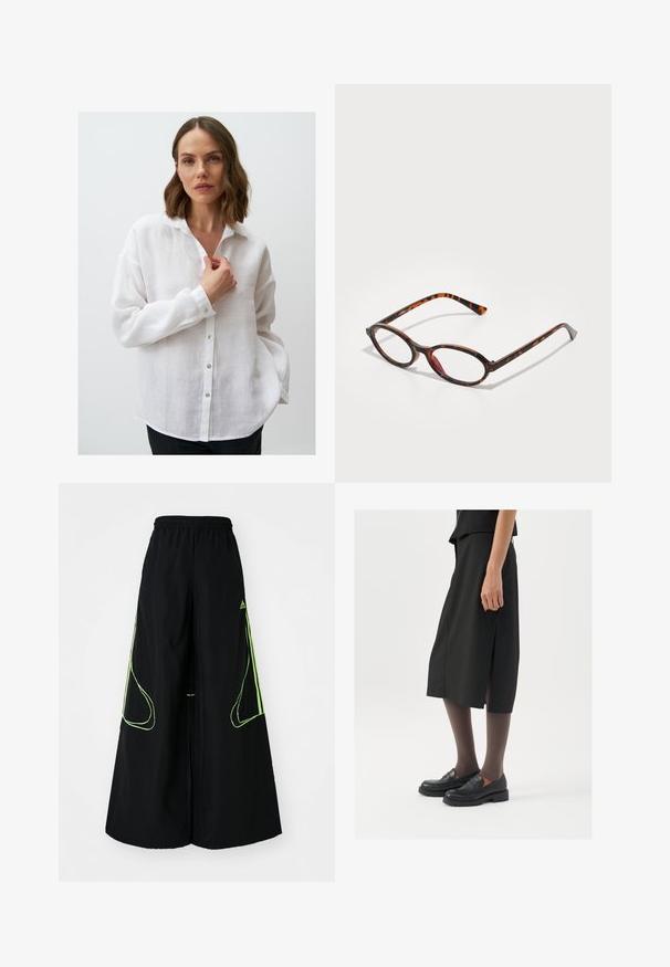 White linen button-up shirt with a collar, long sleeves, and a relaxed fit; features silver buttons and a slightly textured fabric.; adidas Originals TEAMGEIST - Tracksuit bottoms - black/signal green; Black knee-length skirt with side slit, paired with black loafers and sheer brown tights, featuring a smooth fabric and simple design.; Tortoiseshell sunglasses with oval lenses, featuring a dark frame with light and dark brown patterns, and slender, curved temples.; Silver hoop earrings with a smooth, polished surface and a thin, circular shape. The design features a secure clasp.