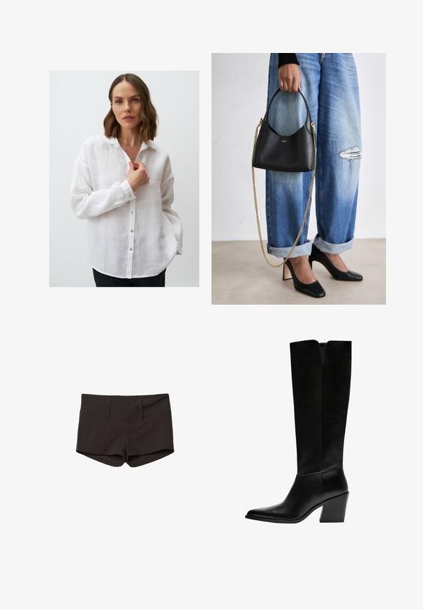 White linen button-up shirt with a collar, long sleeves, and a relaxed fit; features silver buttons and a slightly textured fabric.; Black cotton shorts with a fitted design, featuring a smooth texture and two front pockets. Mid-rise waistband and no noticeable patterns.; Black knee-high boots made of smooth leather, featuring a pointed toe, a block heel, and a V-shaped cutout at the top.; Black leather handbag with a curved shape, short handle, and gold chain strap. Worn with distressed blue denim and black high heels.