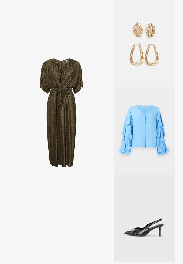 Lichtblauwe blouse met een V-hals, voorzien van knoopsluitingen en lange mouwen versierd met gelaagde ruches. Zachte stoftextuur.; Bruine, geplooide maxi-jurk met een V-hals, brede mouwen en een gestrikte riem in de taille. Gladde textuur met een subtiele glans.; Zwarte gepolijste leren slingback schoenen met een puntige neus, enkelbandjes met zilveren gespen en hardware, en een slanke hak.; Gouden metallic handtas met een gestructureerd ontwerp, gladde textuur en verstelbare schouderband. Kenmerkt zich door een unieke driehoekige vorm en minimalistische stiksels.; Gouden oorbellen met een getextureerd, golvend ontwerp. Bevat sculpturale clip-on studs en een open ringontwerp met een gehamerd oppervlak.