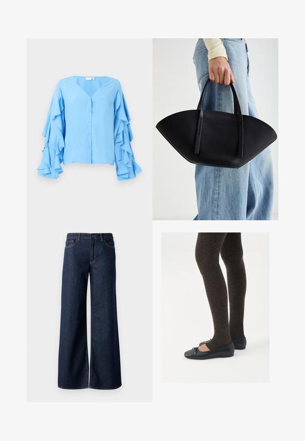 Bluză de culoare bleu deschis, cu decolteu în V, având închidere cu nasturi și mâneci lungi decorate cu volane suprapuse. Textură de stofă moale.; Jeanși cu picioare largi din denim albastru închis. Prezintă cusături contrastante, cinci buzunare și o închidere cu nasture la talie. Textură netedă.; Pantofi negri cu un detaliu mic de fundiță la vârf, asortați cu colanți maro închis, cu textură ondulată. Pantofii au o textură netedă și un profil joase.; Geantă de piele neagră cu o formă unică de evantai, având mânere plate. Suprafața are o textură cu mici granule și un design minimalist.