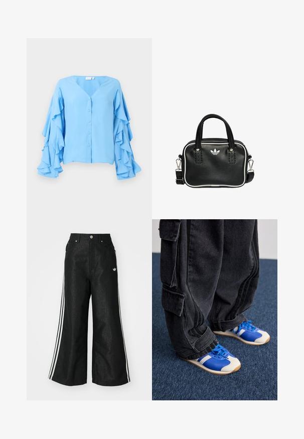 Jasnoniebieska bluzka z dekoltem w kształcie litery V, z guzikami oraz długimi rękawami zdobionymi warstwowymi falbanami. Miękka faktura materiału.; Czarne dżinsy o szerokich nogawkach z trzema białymi paskami po bokach i małym białym logo. Posiadają przednie kieszenie i zapięcie na guzik.; Osoba w luźnych czarnych spodniach cargo i niebiesko-białych sneakersach stoi na ciemnoniebieskim dywanie.; Czarna skórzana torebka z dwoma krótkimi uchwytami, srebrnymi akcentami, białymi detalami i białym logo. Posiada teksturowaną powierzchnię oraz kompaktowy design.