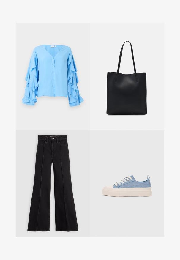 Blusa azul clara com decote em V, apresentando fechos de botão e mangas longas adornadas com camadas de babados. Textura de tecido suave.; Jeans largos de cintura alta pretos com detalhes em costura frontal, fecho por botão, passantes para cinto e bolsos frontais, em um fundo claro e simples.; Ténis de lona azul claro com uma biqueira e sola de borracha creme, apresentando atacadores brancos e uma alça na parte de trás.; Bolsa tote preta em couro com textura lisa, forma retangular e duas alças longas. Sem hardware ou enfeites visíveis.