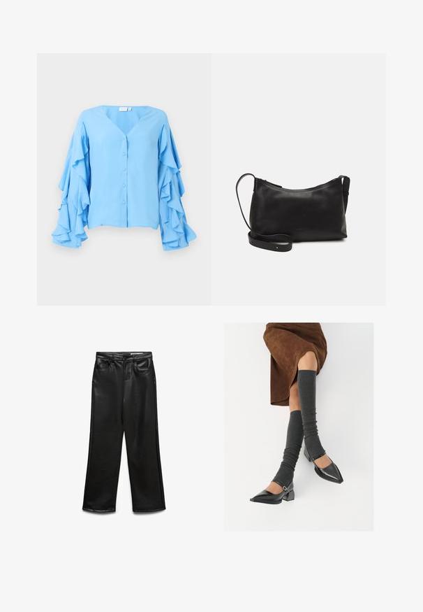 Light blue blouse with a V-neckline, featuring button closures and long sleeves adorned with layered ruffles. Soft fabric texture.; Black faux leather wide-leg pants with front pockets, belt loops, and subtle sheen. Smooth texture and tailored fit.; Black patent leather pointed-toe shoes with a block heel and ankle strap, paired with gray ribbed leg warmers and a brown suede skirt.; Black leather shoulder bag with a smooth texture, curved shape, adjustable strap, and a zip closure. Minimalist design without embellishments.