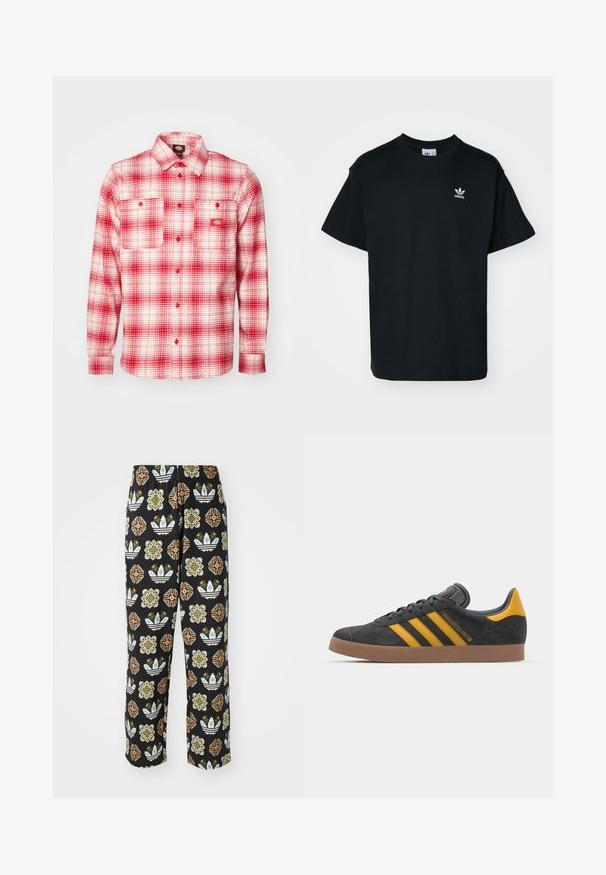 Raudonai ir balti languoti flaneliniai marškiniai su ilgomis rankovėmis, su sagtimi priekyje, dviem kišenėmis krūtinėje ir etikete kairėje. Minkšta tekstūra.; Juodas medvilnės marškinėliai su apvalia iškirpte ir trumpomis rankovėmis, su mažuoju baltu Adidas logotipu kairėje krūtinės pusėje.; Juodos kelnės su sudėtingu įvairių formų raštu, įskaitant gėlių motyvus ir dryžius oranžine, žalia ir balta spalvomis.; Juodas zomšinės sportbačiai su geltonais akcentais, turintys tris juosteles ir rudą gumos padą. Apima paminkštintą liežuvėlį patogumui.