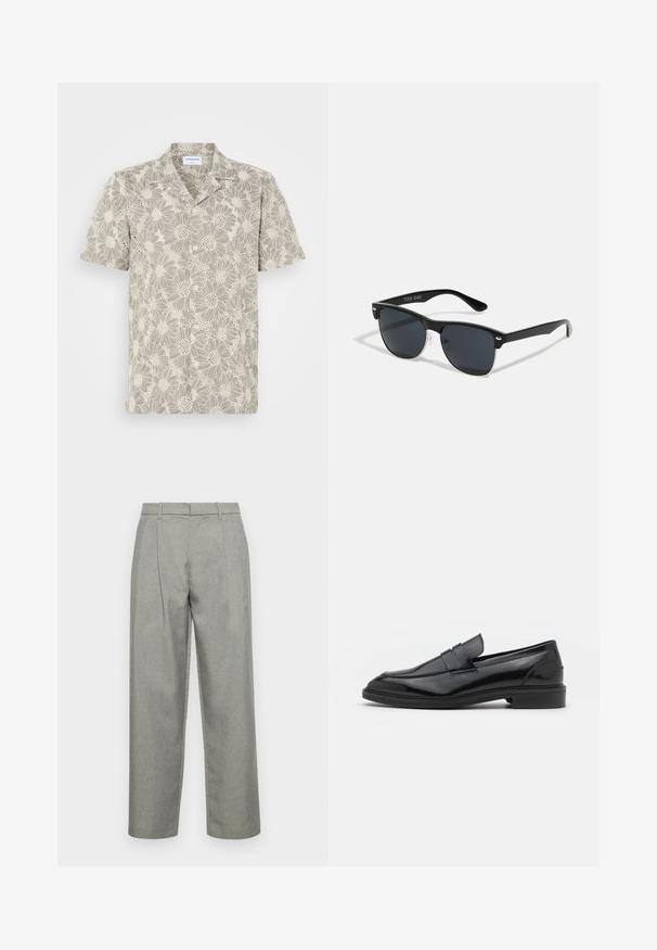 Camisa de manga curta em bege claro com um padrão de renda floral, botões na parte da frente e um design de colarinho clássico.; Calças cinzas ajustadas, feitas de tecido texturizado, com design de perna reta, pregas frontais e uma cintura standard com passantes para cinto.; Mocassins de couro preto com um acabamento suave, apresentando uma ponta arredondada e uma faixa estreita na parte superior. Salto baixo empilhado.; Óculos de sol pretos com forma retangular, lentes escuras, detalhes em prata nas hastes e um acabamento mate na armação.