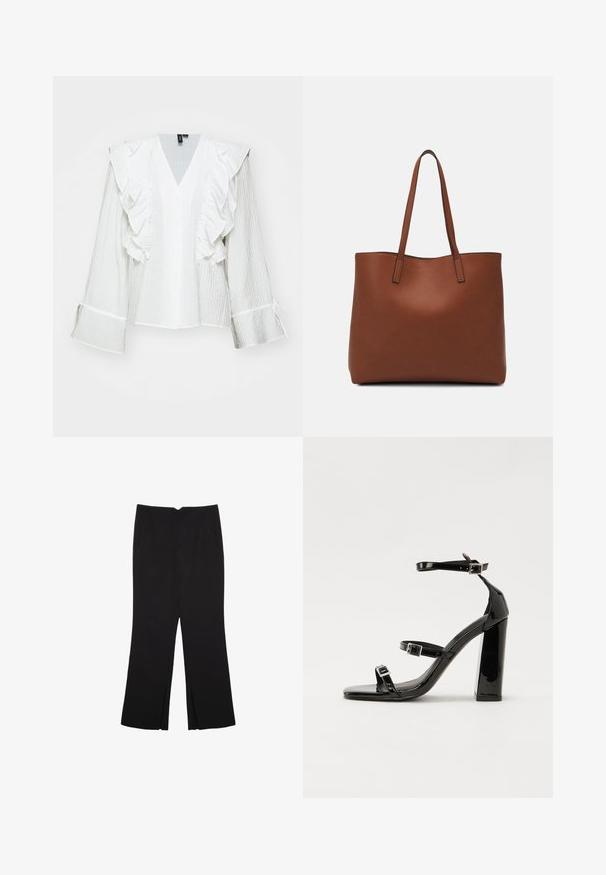 Biela košeľa na gombíky s volánovými rukávmi a hlbokým výstrihom do V. Vyrobená z textúrovanej látky, s mierne skráteným strihom a detailmi na viazanie.; Čierne nohavice so strihom rovného strihu, s prednými vreckami a bočnými rozparkami na leme. Vyrobené z mäkkej, hladkej tkaniny. Vhodné na rôzne príležitosti.; Čierne lakované sandále na podpätku so štvorcovou špičkou, navlečenými remienkami okolo členku a striebornými prackami. Disponujú masívnym blokovým podpätkom pre stabilitu.; Hnedá kožená taška na rameno s hladkou textúrou, otvoreným vrchom a dvoma ramenými popruhmi. Má minimálne šitia a žiadne viditeľné kovania.