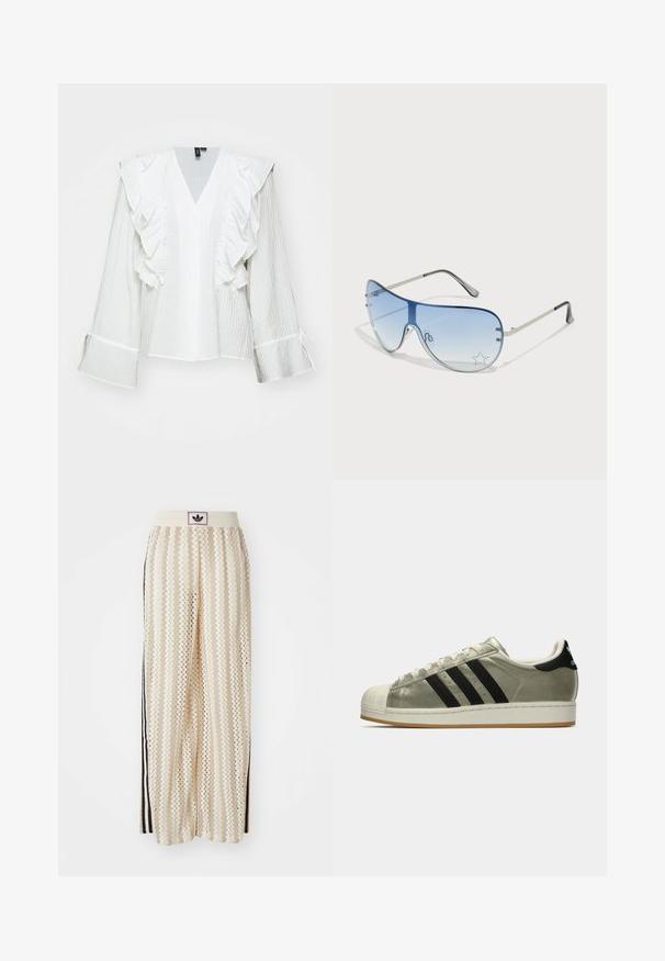 White button-up shirt with ruffled sleeves and a deep V-neck. Made of textured fabric, featuring a slightly cropped design and tie accents.; Cream-colored wide-leg pants with a zigzag pattern, featuring a black logo waistband and side black stripes. Lightweight, textured fabric.; Adidas sneakers with a metallic olive upper, three black stripes, rubber toe cap, and a gum outsole. Classic design with textured fabric.; Aviator sunglasses featuring a gradient blue lens, silver metal frame, and decorative star accents on the lens. Smooth and sleek design.