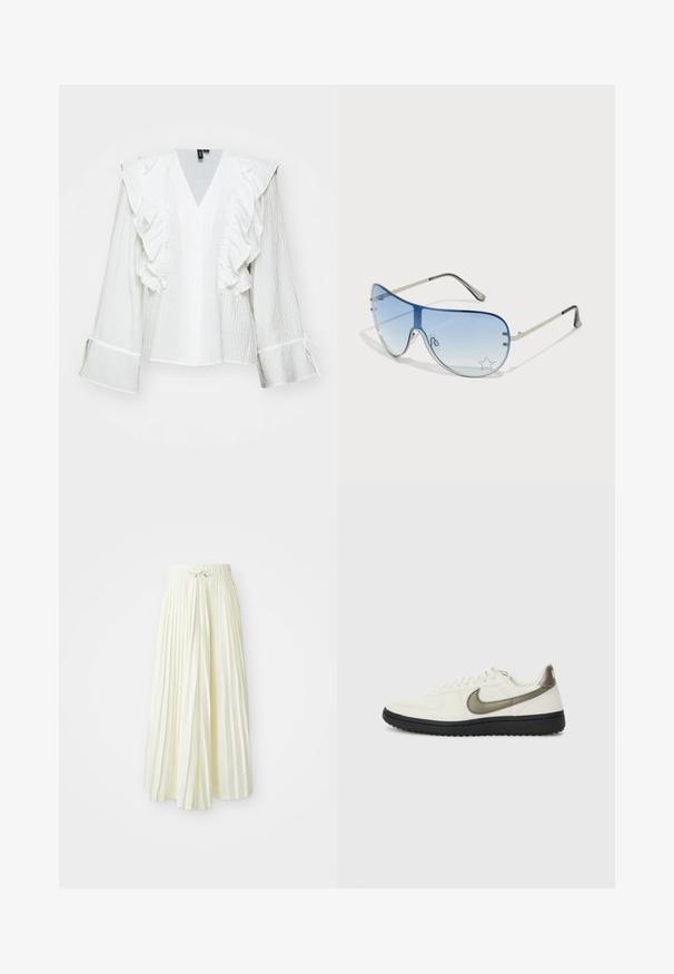 White button-up shirt with ruffled sleeves and a deep V-neck. Made of textured fabric, featuring a slightly cropped design and tie accents.; Pleated midi skirt in light yellow fabric, featuring an elastic waistband with a tie, smooth texture, and vertical stripes for added detail.; Nike Sportswear FIELD GENERAL - Trainers - off-white/black; Aviator sunglasses featuring a gradient blue lens, silver metal frame, and decorative star accents on the lens. Smooth and sleek design.