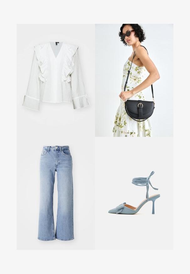 White button-up shirt with ruffled sleeves and a deep V-neck. Made of textured fabric, featuring a slightly cropped design and tie accents.; Light blue high-waist wide-leg jeans with front and back pockets, button closure, and subtle fading on the thighs and hems.; Pointed-toe high heel shoe in light blue fabric with a textured finish, featuring a bow accent and ankle strap for secure fit.; Black leather handbag with a curved shape, detachable strap, and gold hardware. The bag features a flap with a buckle detail.