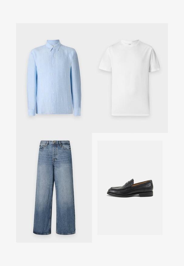 Light blue, long-sleeve button-down shirt made of textured fabric. Features a classic collar and front button placket.; White short-sleeve t-shirt made of soft cotton. Features a round neckline and a straight hem with minimal detailing.; Wide-leg blue denim jeans with a faded wash, five-pocket design, and a button closure. Equipped with belt loops and stitched detailing.; Black leather loafers with a smooth finish, rounded toe, and decorative stitching on the vamp. Low stacked heel and slight shine.