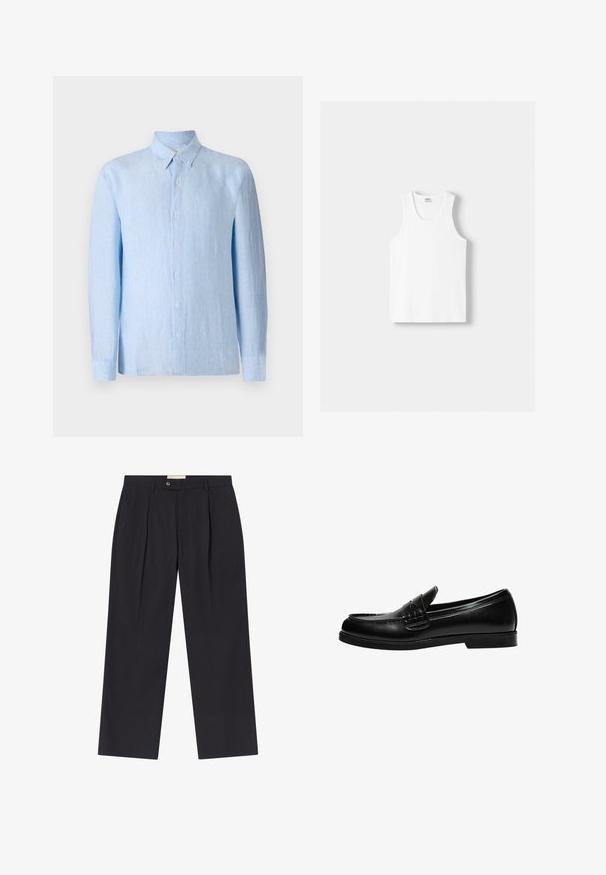 Lyseblå langærmet skjorte med knapper lavet af tekstureret stof. Har en klassisk krave og knaplukning foran.; Hvid bomulds tanktop med rund halsudskæring, brede skulderstropper og lige kant, der har en glat tekstur og uden synlige mønstre.; Skræddersyede mørkeblå bukser med høj talje, to fork gasper, knaplukning og lige ben i glat stof.; Sorte læder loafers med en glat overflade, der har en syning detalje på vampen og en lav, solid sort gummisål.