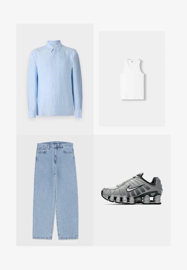 Camicia a maniche lunghe di colore azzurro chiaro, realizzata in un tessuto testurizzato. Presenta un colletto classico e una chiusura con bottoni frontale.; Canotta bianca in cotone con scollatura rotonda, spalline larghe e orlo dritto, caratterizzata da una superficie liscia e senza motivi visibili.; Jeans in denim azzurro chiaro con design a gamba dritta, caratterizzati da una vita media, cinque tasche e chiusura con bottone e zip.; Scarpa da corsa Nike grigia e nera con ammortizzazione visibile a molla sotto la suola e logo swoosh bianco di lato.