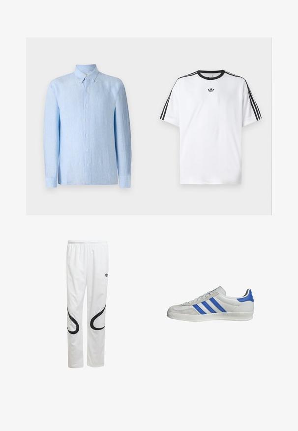 Hellblaues, langärmliges Button-Down-Hemd aus strukturiertem Stoff. Verfügt über einen klassischen Kragen und eine durchgehende Knopfleiste.; Weißes T-Shirt aus Baumwolle mit einem schwarzen, runden Halsausschnitt und drei schwarzen Streifen auf jeder Schulter. Kleines schwarzes Logo auf der Brust.; Weiße Sporthose mit glatter Textur, die schwarze geschwungene Designs an den Seiten und ein schwarzes Logo in der Nähe des Bundes aufweist.; Weiße Sneaker mit blauen und grauen Akzenten, ausgestattet mit drei markanten Streifen, Schnürung vorne und einer strukturierten Sohle.