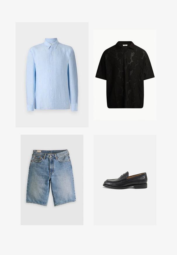 Light blue, long-sleeve button-down shirt made of textured fabric. Features a classic collar and front button placket.; Black short-sleeve polo shirt featuring a textured, abstract pattern. The collar is flat and slightly open, enhancing the relaxed design.; Denim shorts in light blue with a classic cut. Features five pockets, orange stitching accents, and raw-edge hems.; Black leather loafers with a smooth finish, rounded toe, and decorative stitching on the vamp. Low stacked heel and slight shine.